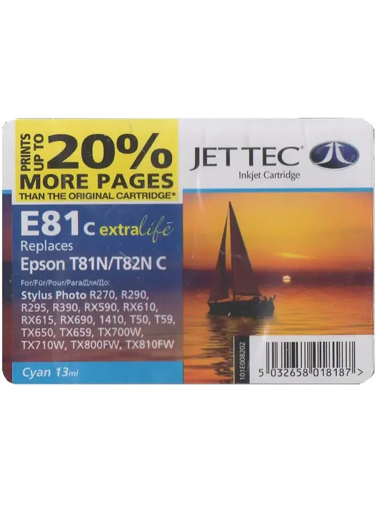 Картридж JetTec для Epson Stylus Photo R270/T50/TX650 аналог C13T08224A10/C13T11224A10 Cyan (110E008202)