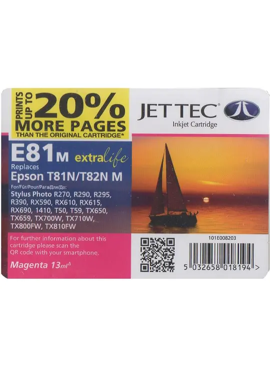 Картридж JetTec для Epson Stylus Photo R270/T50/TX650 аналог C13T08234A10/C13T11234A10 Magenta (110E008203)