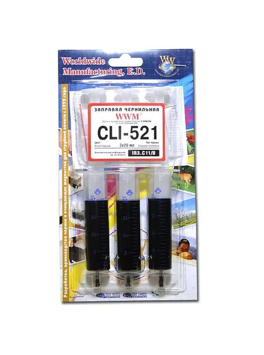 Заправочний набір WWM для Canon CLI-521 (3 x 20мл) 3шт x 20мл Black водорозчинне (IR3.C11/B)