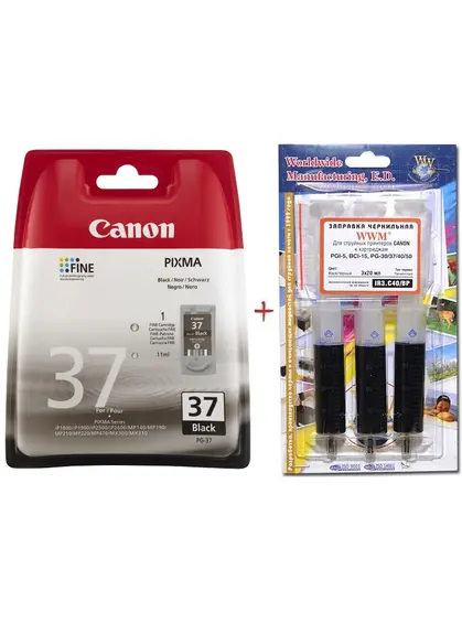 Картридж Canon Pixma iP1800/iP1900/iP2600 PG-37Bk + заправний набір Black (Set37-inkB)