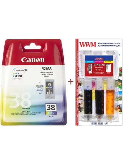 Картридж Canon Pixma iP1800/iP1900/iP2600 CL-38 + заправний набір Color (Set38-inkC)