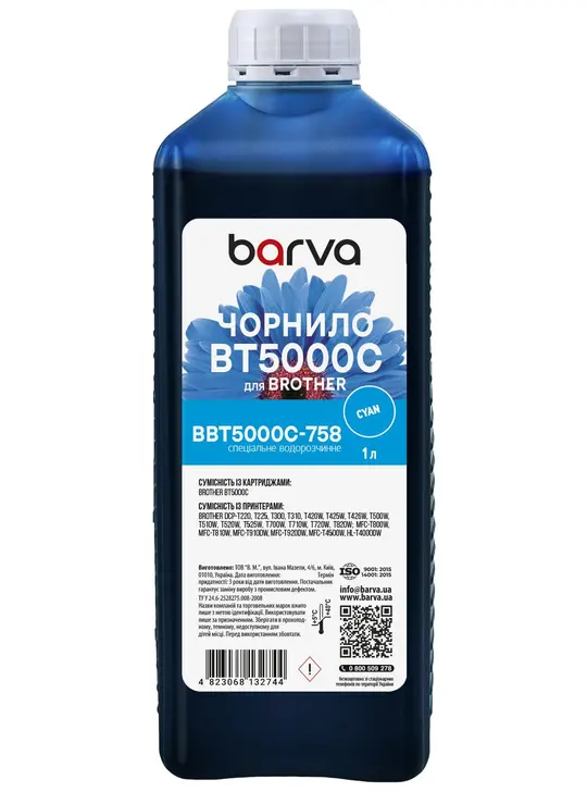 Чорнило для Brother BT5000C спеціальне 1 л, водорозчинне, блакитне Barva (BBT5000C-758)